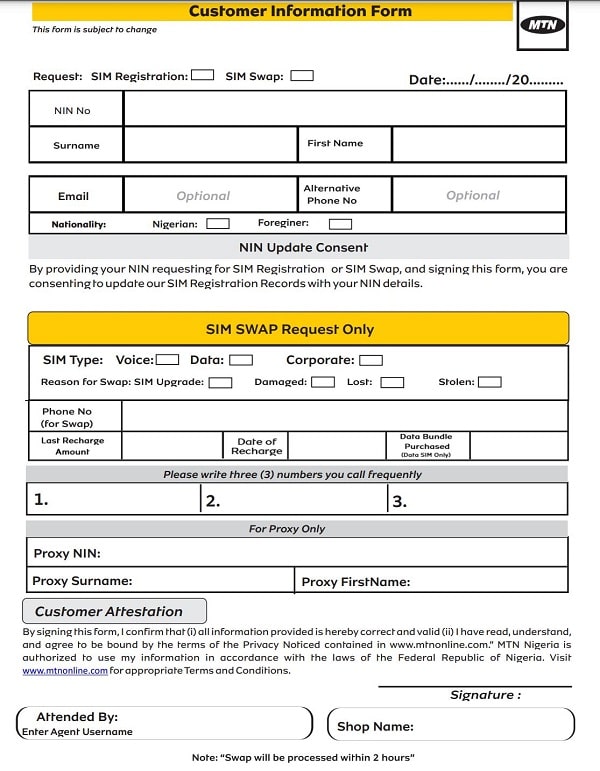 MTN SIM Registration form