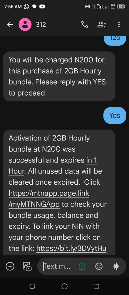 MTN Hourly data plan code